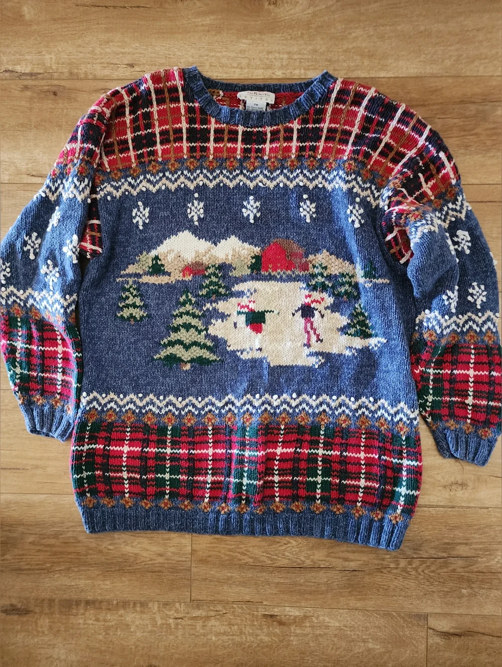 Vintage TALBOTS Women M PETITE Linen Hand Knit Ski Sweater Plaid Fair Isle - Picture 3 of 8